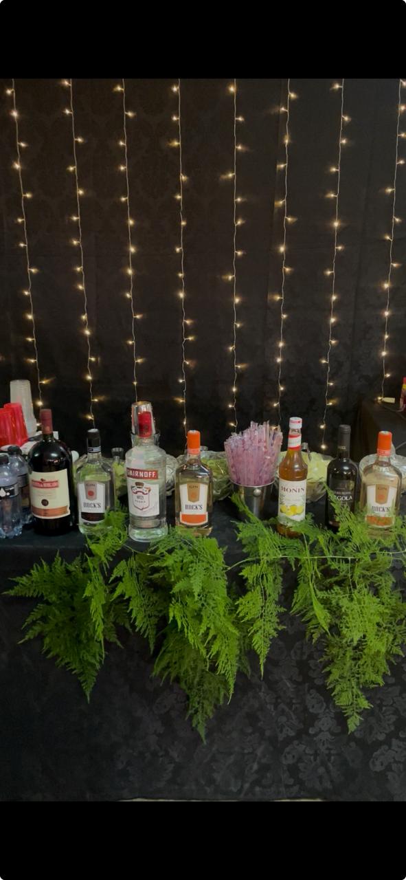Fileira de garrafas de vinho, gin e vodka organizadas em mesa de bar com luzes