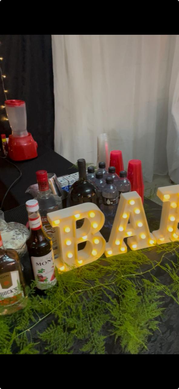 Letras luminosas 'BAR' sobre mesa de bebidas decorada com samambaias